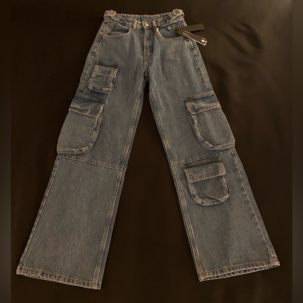 YoungLA Cargo Jeans Womens M Black Baggy Wide Leg Utility Y2K 90s Skater Grunge